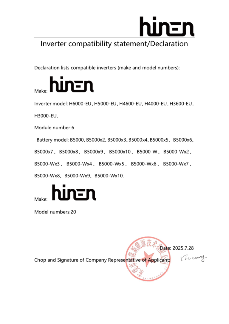 Cover image generated from the Hinen B5000 inverter compatibility statement.