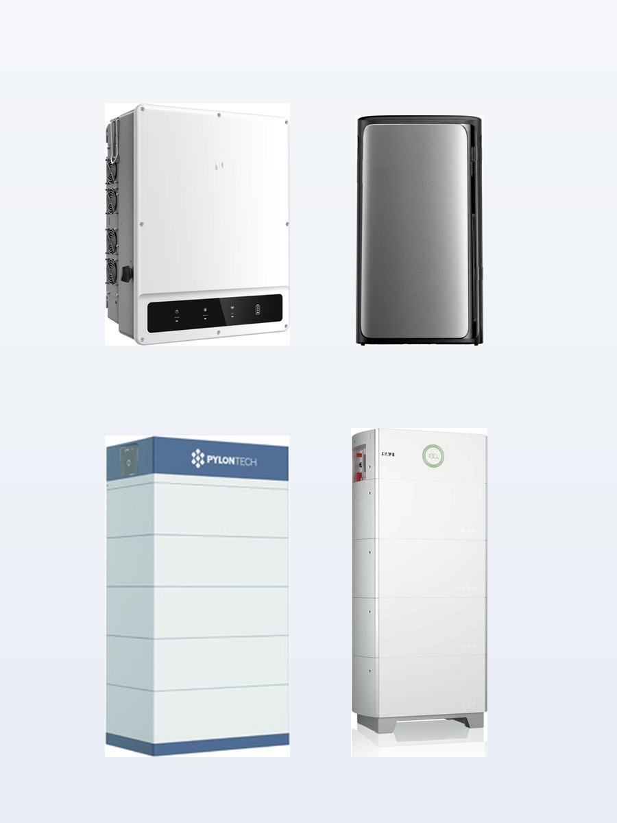 GoodWe, Pylontech, SAJ and EcoFlow storage hardware, official product renders composed on a neutral background