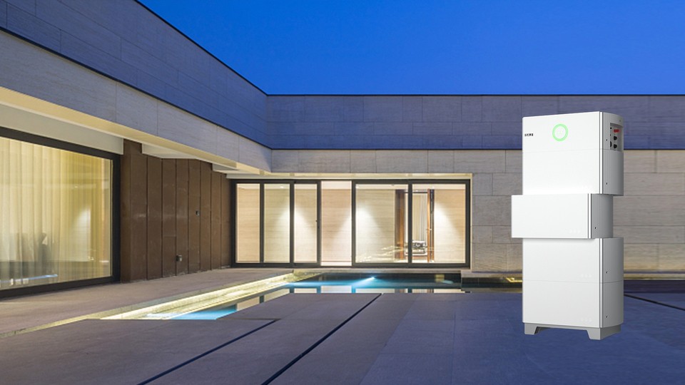 SAJ B2 high-voltage battery tower at a residence, manufacturer render