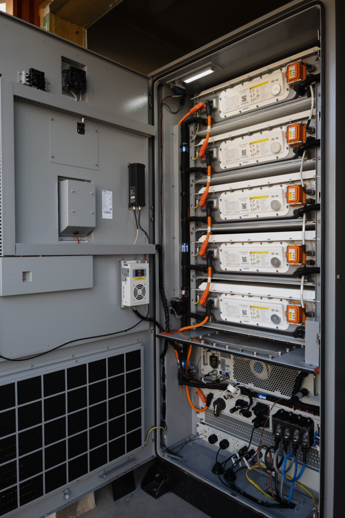 Cabinet interior at a real installation: battery packs and PCS. Installer photo, Wettersol (Sweden).