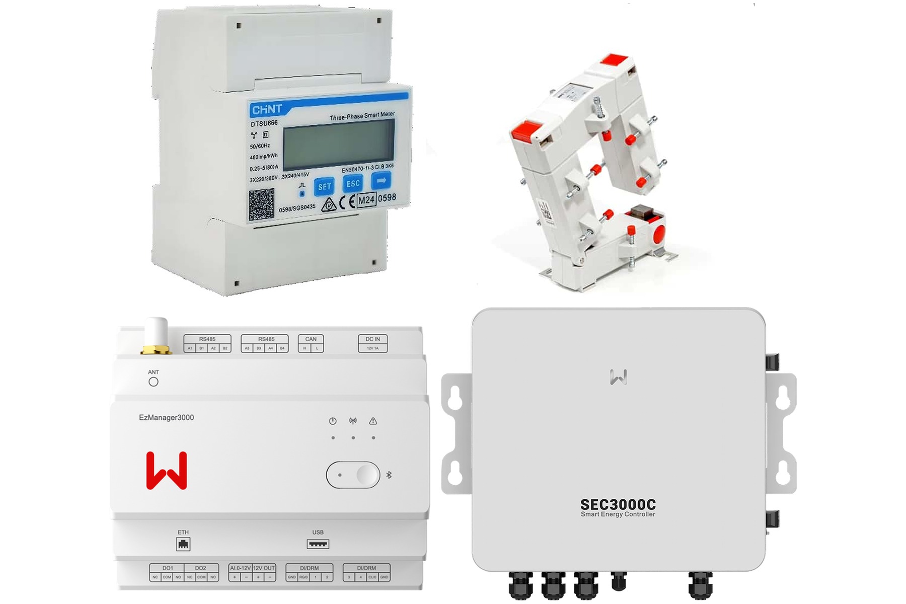 Ein dreiphasiger Smart Meter, Stromwandler und ein Energiemanagement-Gateway aus dem De-Linker-Katalog