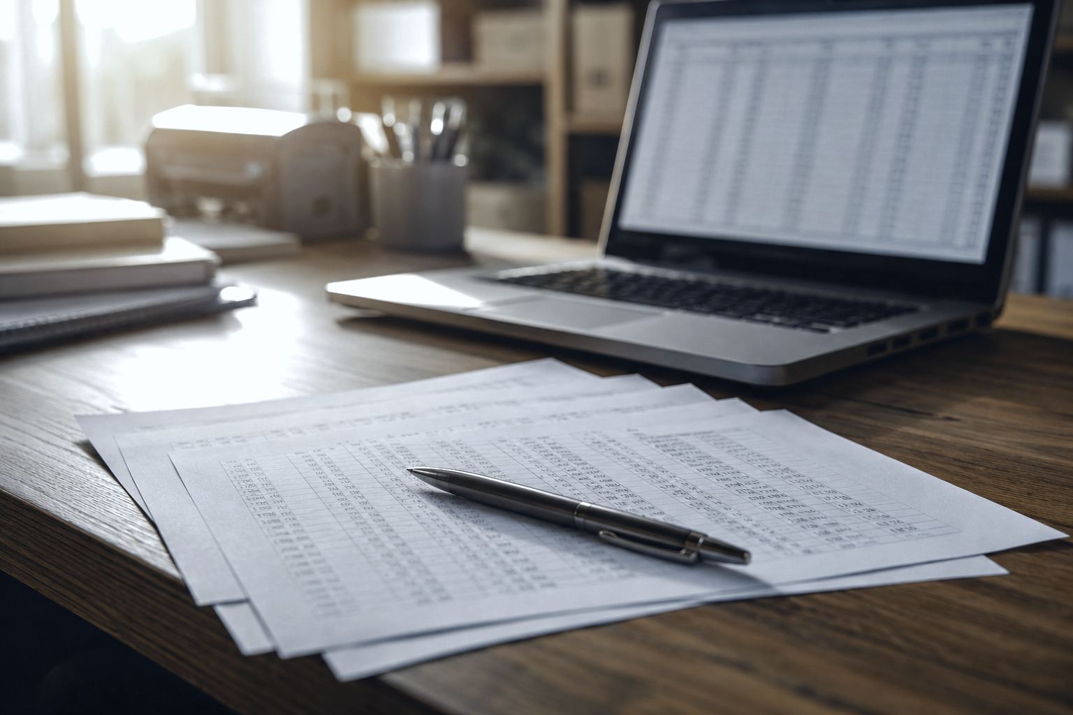 Order documents and manufacturer datasheets stacked on a desk