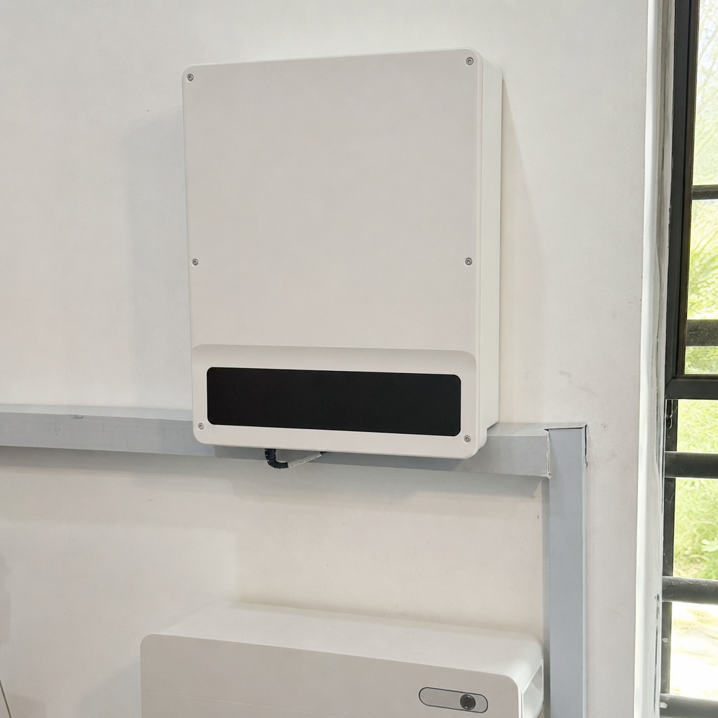 GoodWe GW10K-BT in a real installation context (visualization generated from the manufacturer product photo, not an installation photograph)