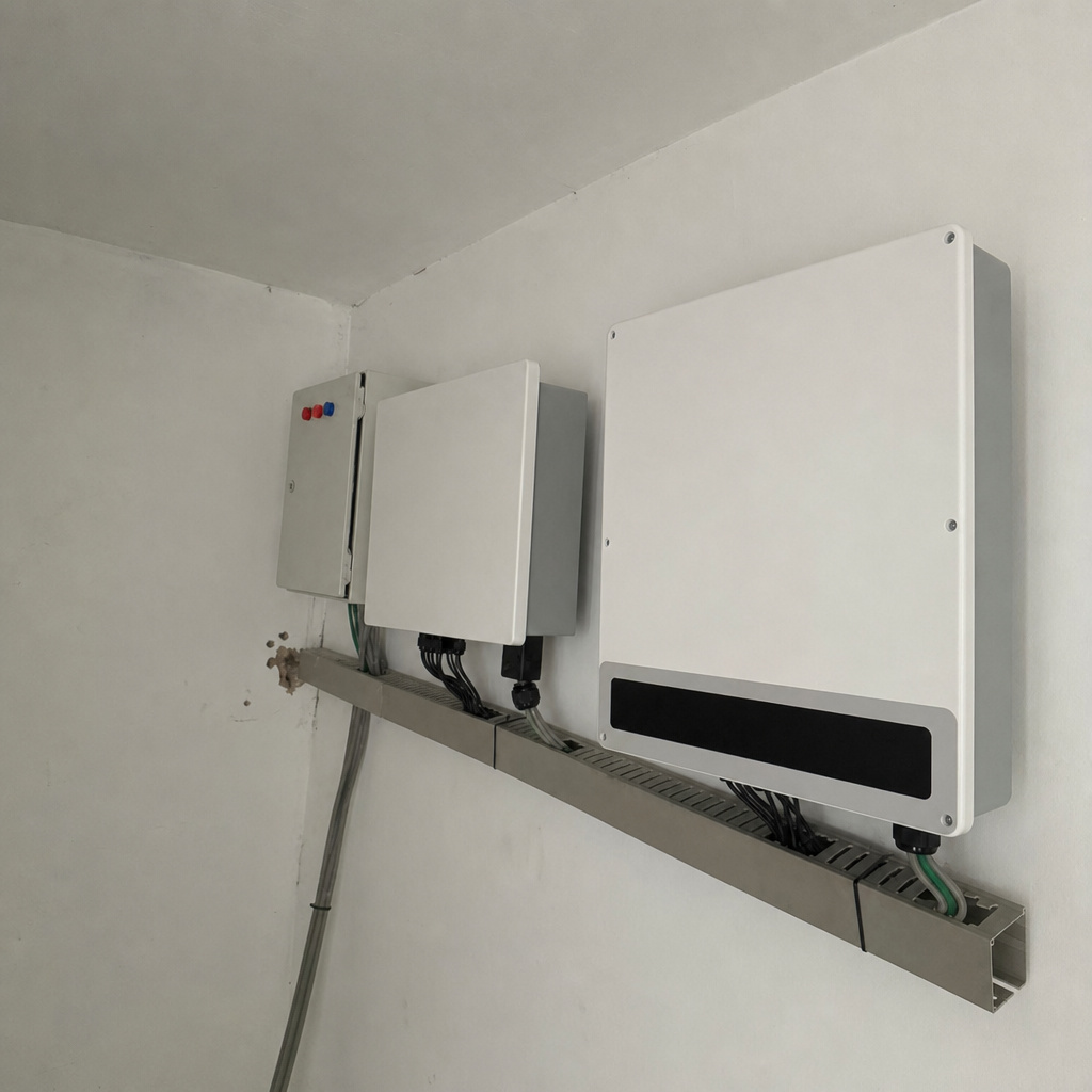 GoodWe GW15K-ET in a real installation context (visualization generated from the manufacturer product photo, not an installation photograph)