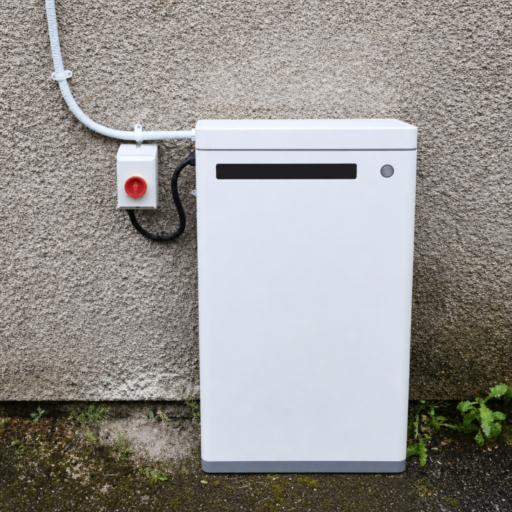 GoodWe Lynx Home U cabinet detail (composite visualization, not an installation photograph)