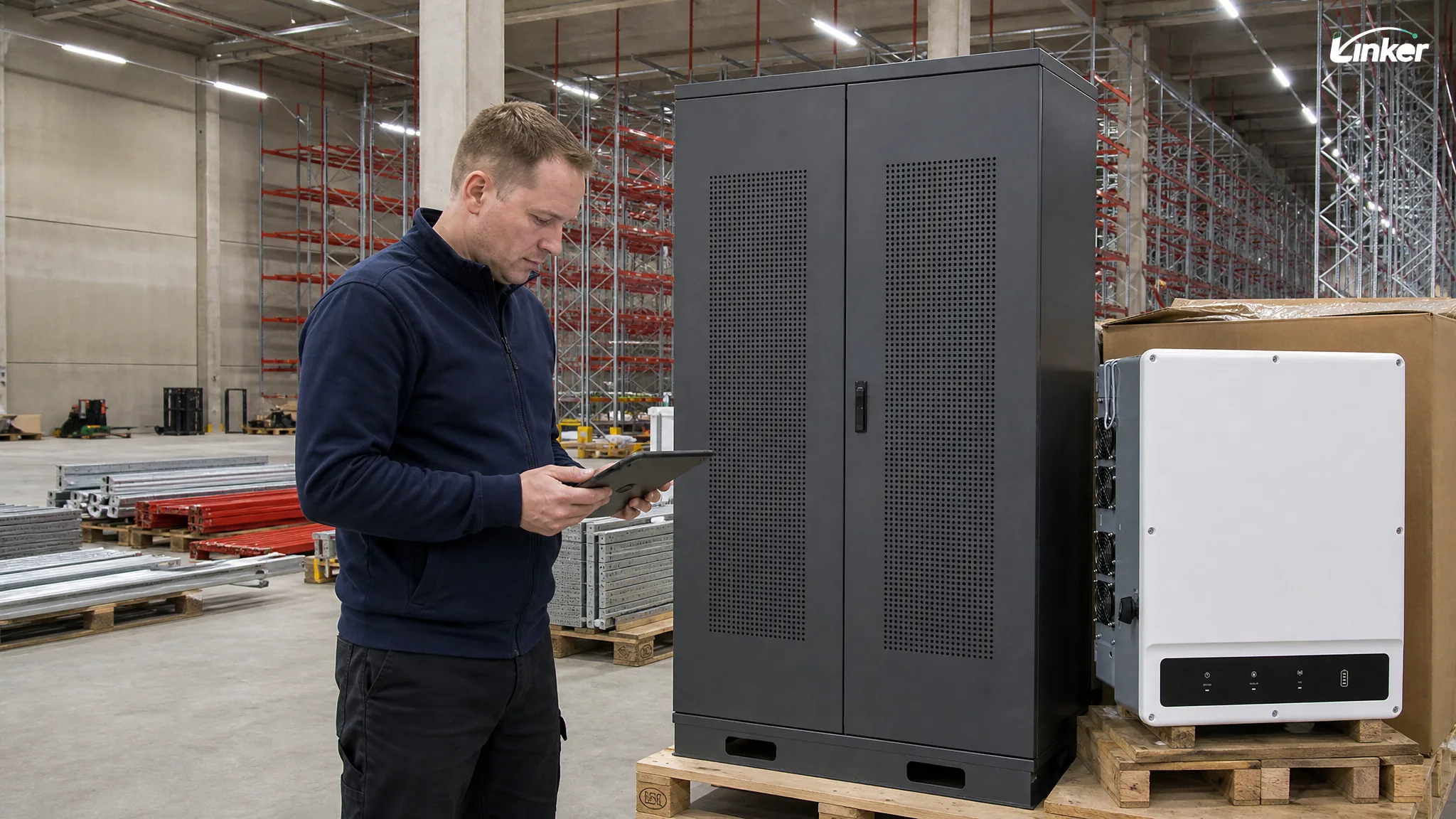 Engineer checking cabinet and inverter specifications before dispatch