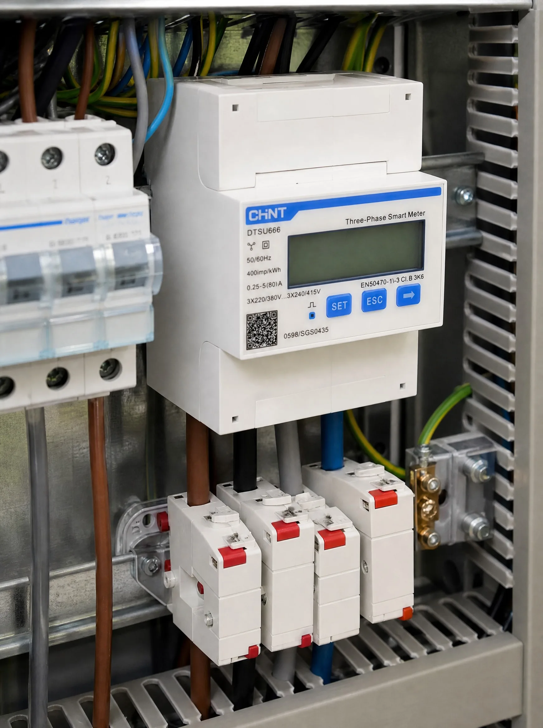 Chint DTSU666 meter and split-core CTs in a commercial distribution cabinet