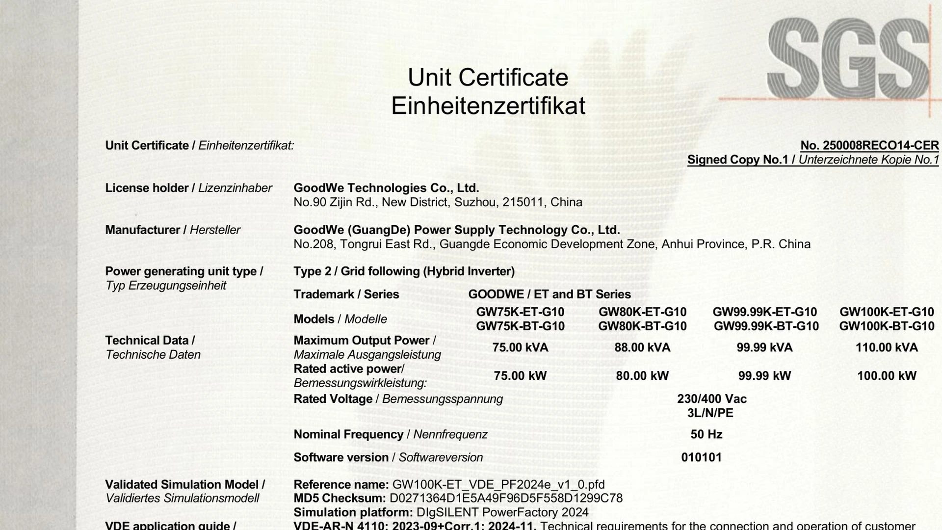 Einheitenzertifikat for GoodWe ET series: VDE-AR-N 4110 and 4120